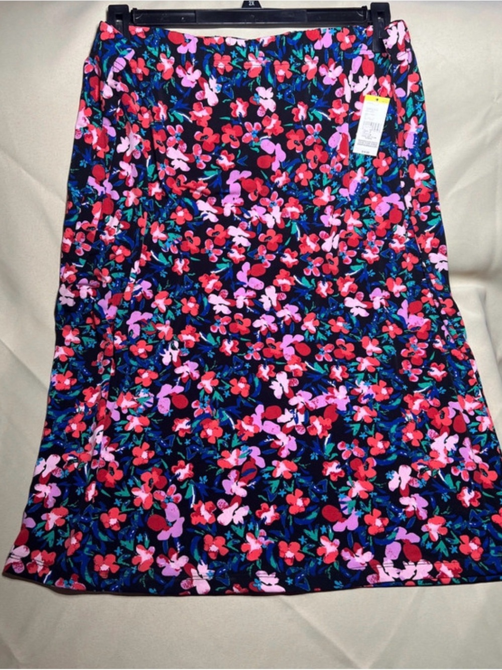 Simply Emma Navy Midi Skirt with Pink & Red Floral Pattern